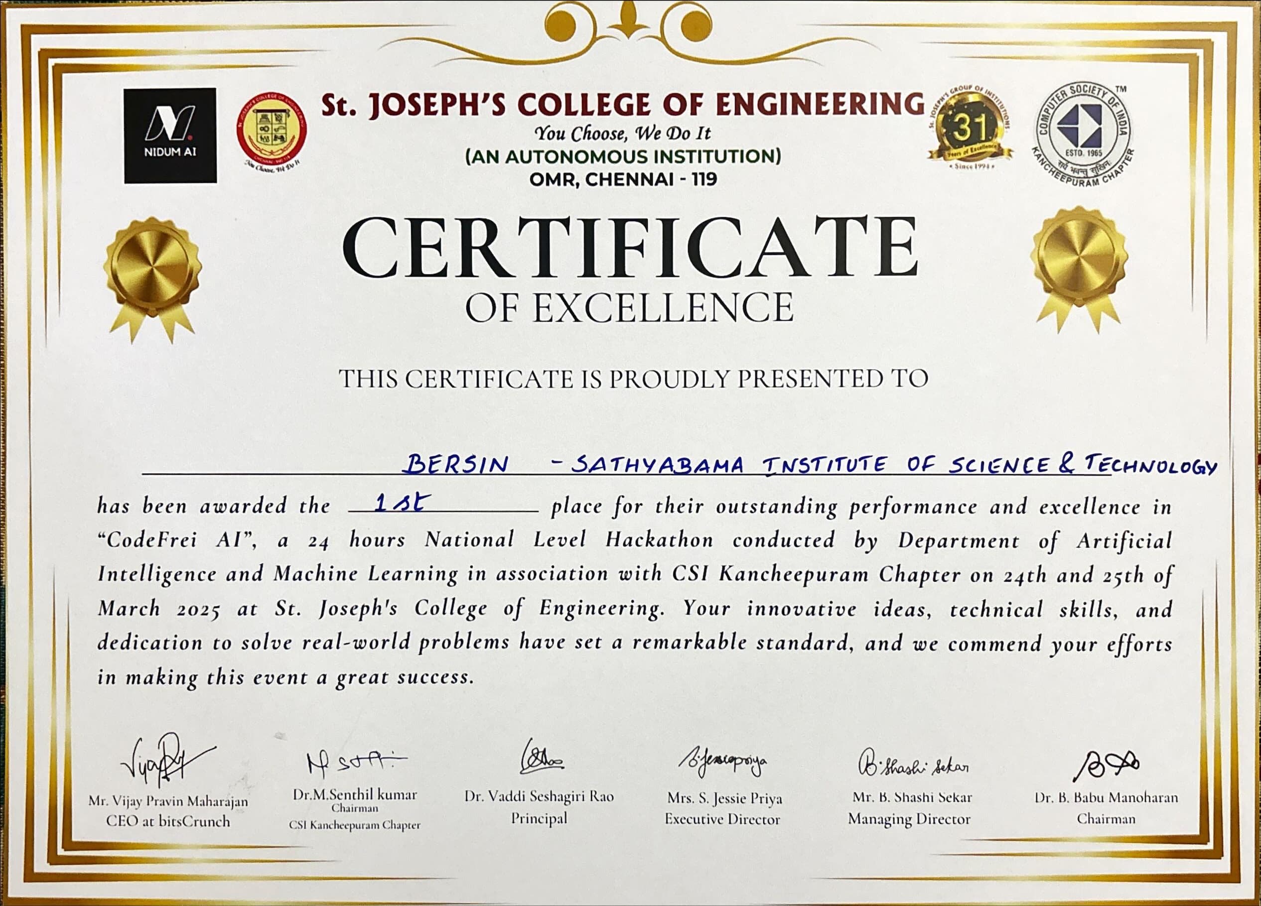 1st Place – CodefreiAI Hackathon certificate