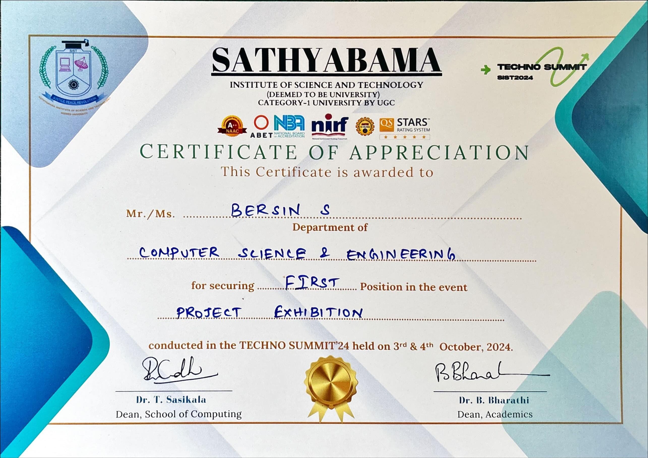1st Place – TECHNO SUMMIT '24 certificate